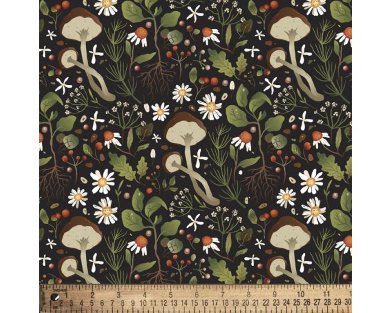 Mushrooms and Daisies Earth Illustration Cotton Fabric | By the Yard | Sewing and Crafting | 44 inches wide